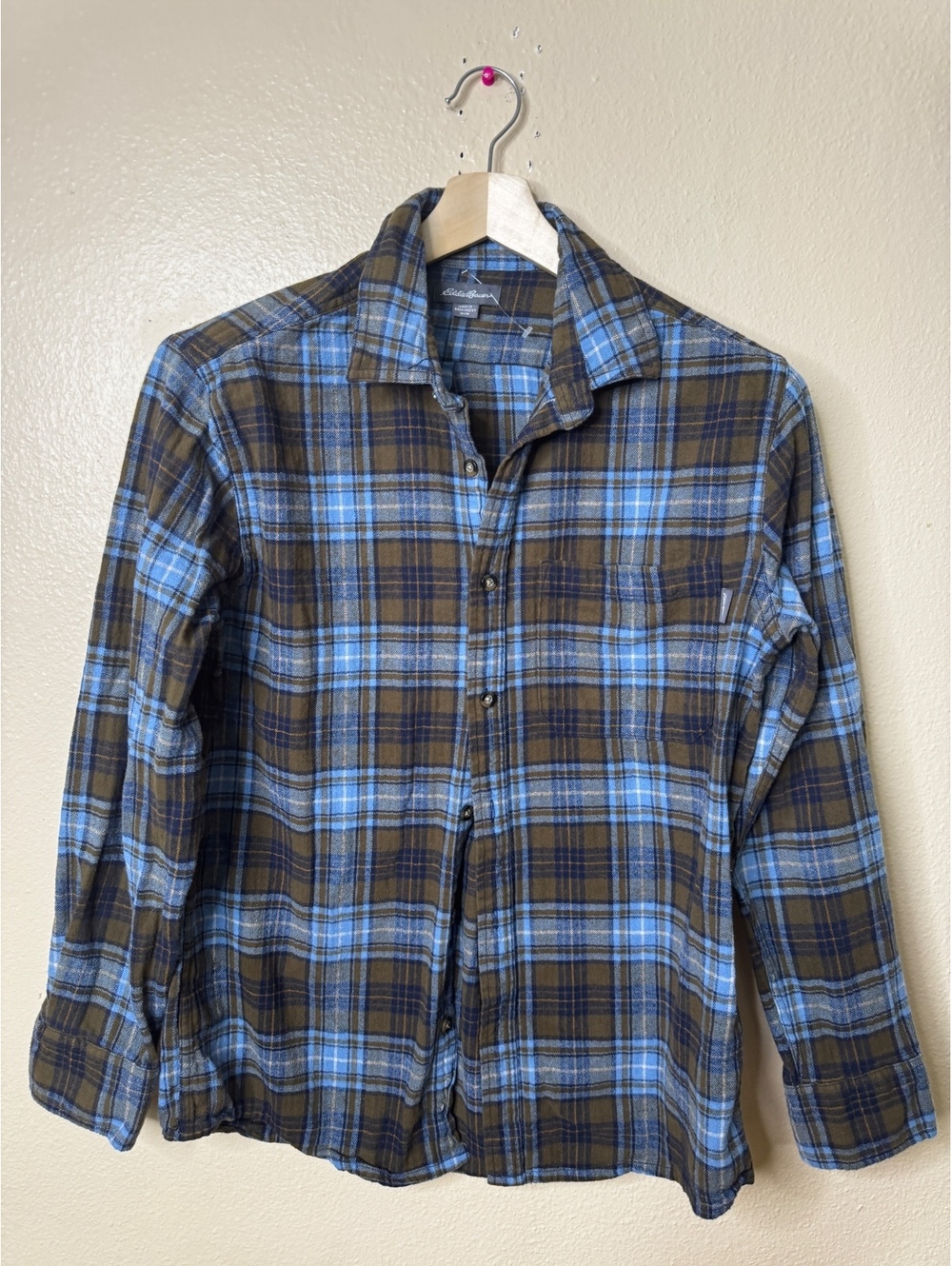 Eddie Bauer Mens Medium Flannel Shirt Blue Brown Plaid Long Sleeve Button Up
